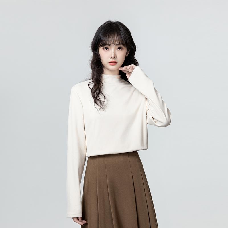 冬季加绒保暖上衣女软糯半高领德绒打底衫女