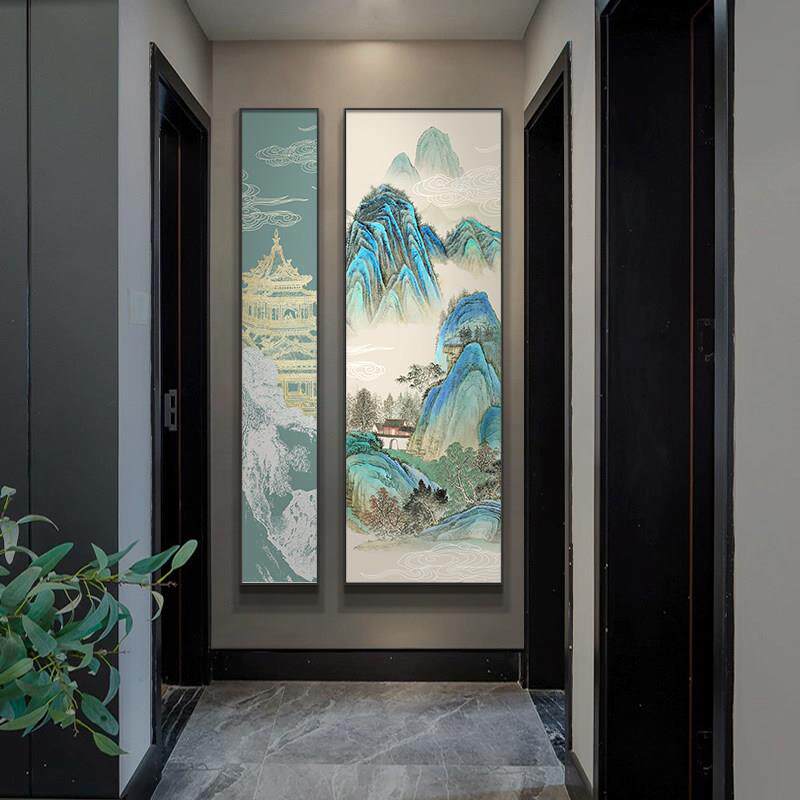 千里江山图新中式玄关装饰画 画走廊过道两联挂画 画客厅背景壁画