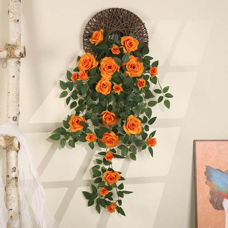 模拟玫瑰藤蔓墙隔断墙挂客厅墙装饰绿色植物假花藤条墙挂挂花蜘蛛