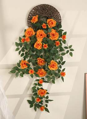 模拟玫瑰藤蔓墙隔断墙挂客厅墙装饰绿色植物假花藤条墙挂挂花蜘蛛