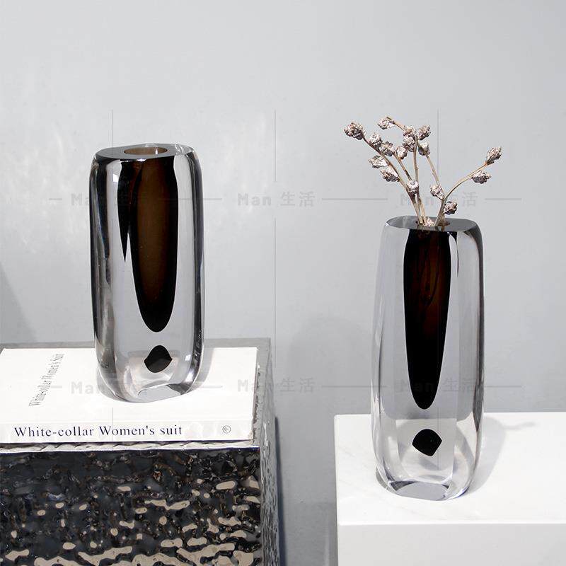 极简意式高档厚实灰咖色琉璃透明花器样板间客厅桌面玄关插花摆件