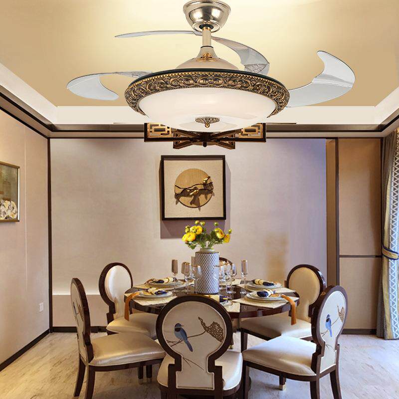 欧式饭店隐形吊扇灯客厅餐厅吊灯水晶酒店卧室金色LED带风扇吊灯