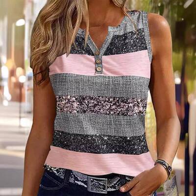 Boho Sequin Striped Stripe Sleeveless Tank Casual Notch Neck