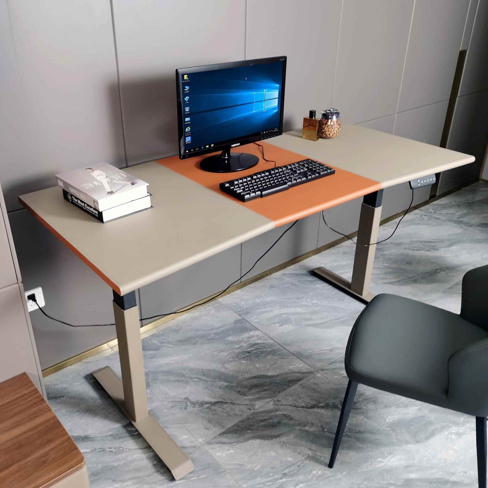 现代意式简约电动升降桌 家用电脑桌马鞍皮工作台 双电机办公书桌