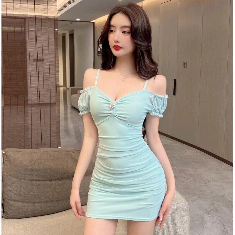夜场女装工作服店性感低胸网纱吊带露肩打底修身褶皱包臀洋装