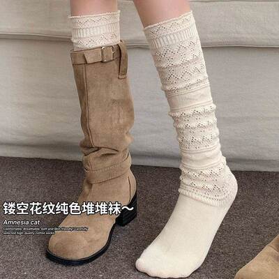 小腿袜子女长袜花边秋冬季纯色棉袜日系复古保暖袜配长筒靴堆堆袜