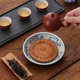 覆古蓝莲花壶承编藤干泡台养紫砂壶茶托 托大号丝瓜络壶承储水式