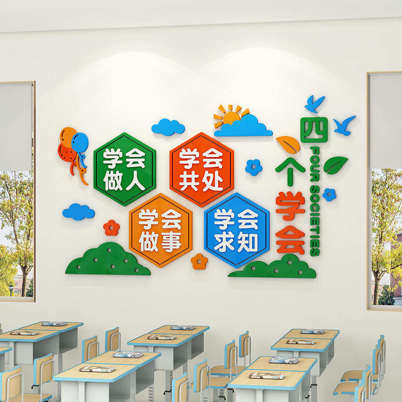 四个学会墙贴校园文化墙学生学习文明标语教室布置班级墙面装饰画
