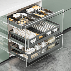 四季沐歌拉篮厨房橱柜铝合金双层抽屉式碗碟架收纳调味橱柜碗篮子