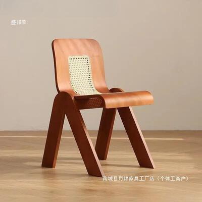 藤编北欧中古设计师法式轻奢复用实木靠背餐椅卧室椅子卡座板式无