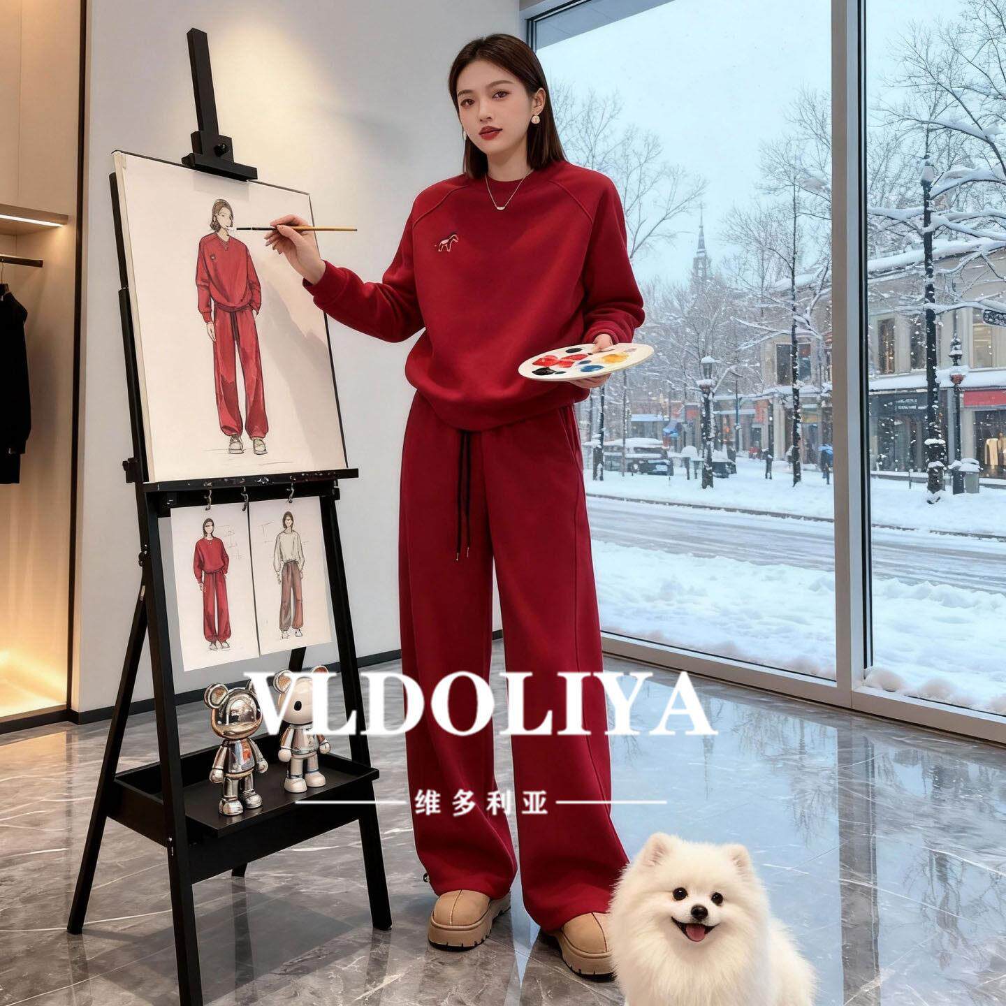 VLDOLIYA维多利亚2026春季新年超火穿搭时尚休闲运动红色卫衣套装