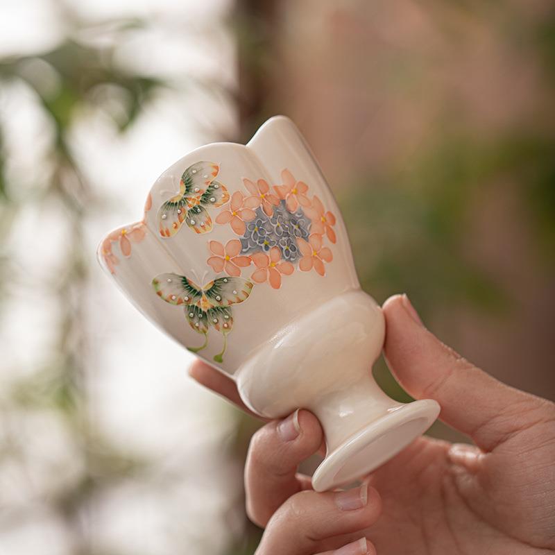 手绘花团锦簇高足茶杯个人专用高档主人杯单杯喝茶杯品茗单杯茶具