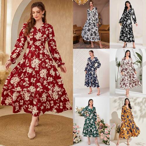 Printed cake long skirt long sleeved dress for