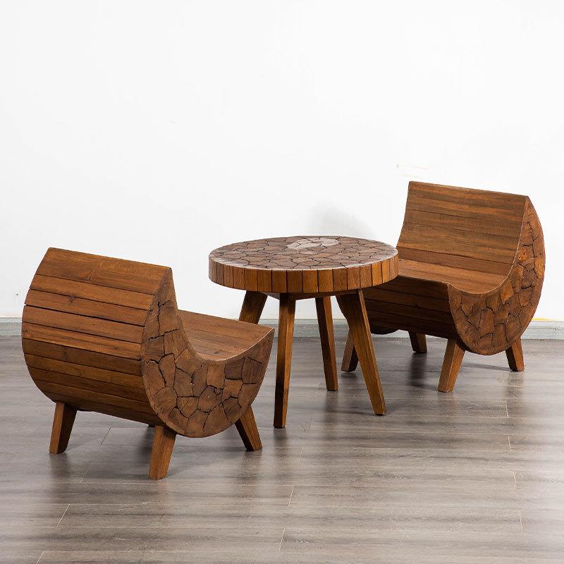 莱骏实木阳台飘窗圆形茶几复古小户型沙发边原木异形庭院咖啡桌子