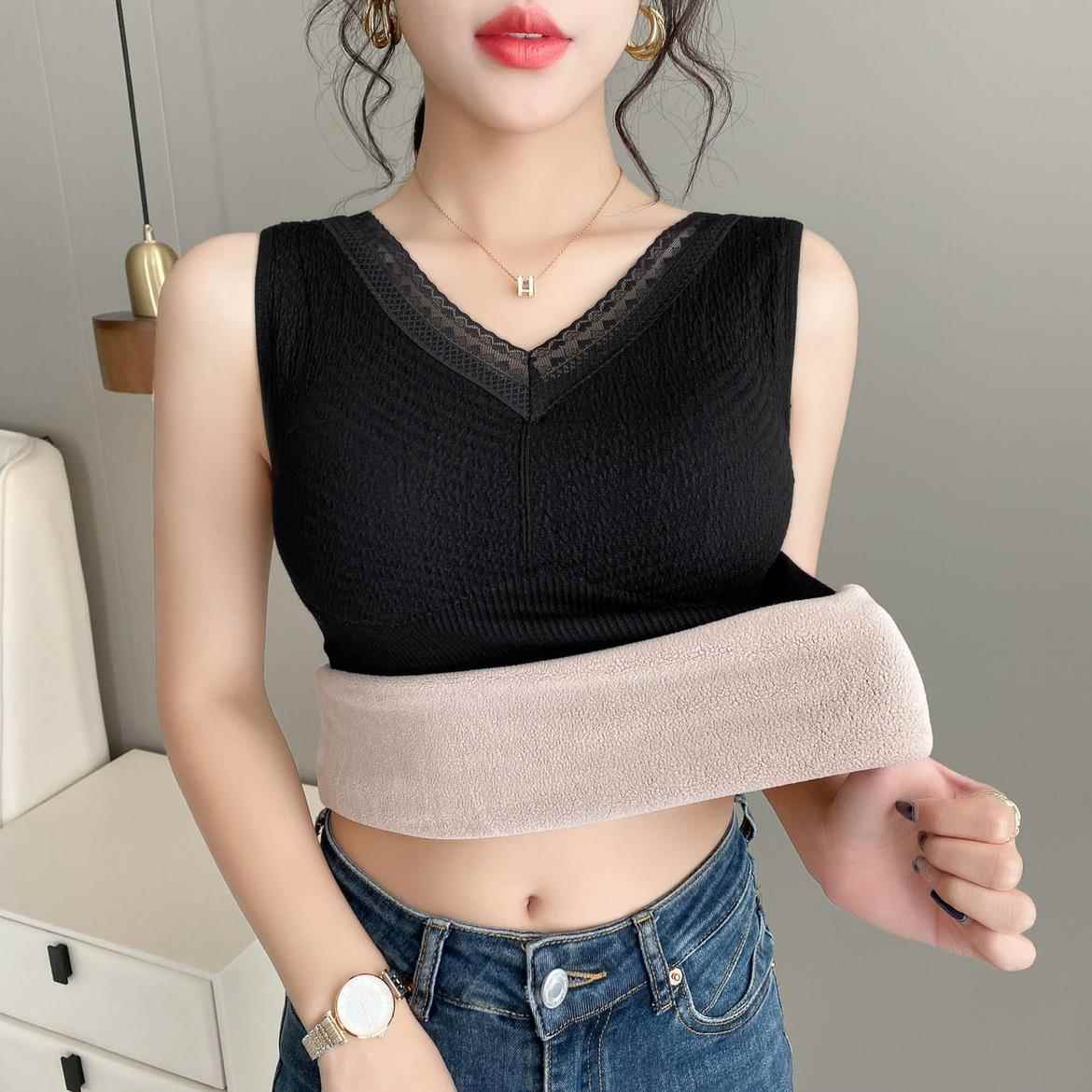 秋冬加绒加厚保暖背心女蕾丝花边带胸垫防寒无袖弹力打底内1030e