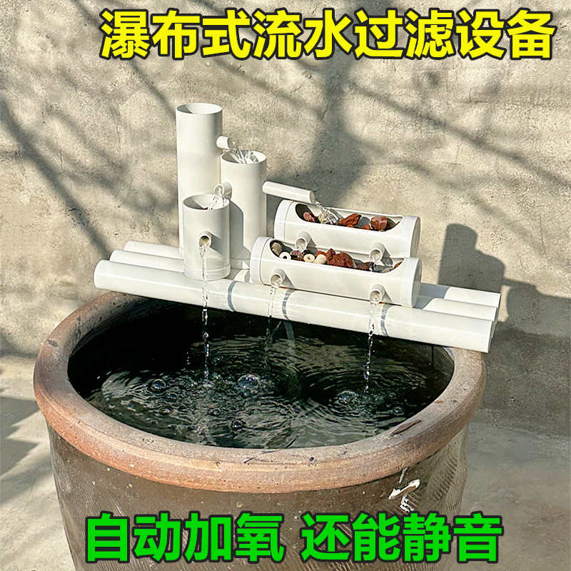鱼盆过滤器净水循环三合一陶瓷鱼缸竹子流水器喷泉造景自动增氧泵