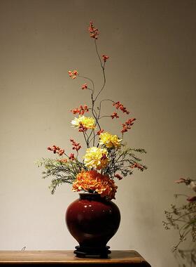 新中式陶瓷红色花瓶摆件高级感仿真插花家居玄关民宿酒店乔迁装饰