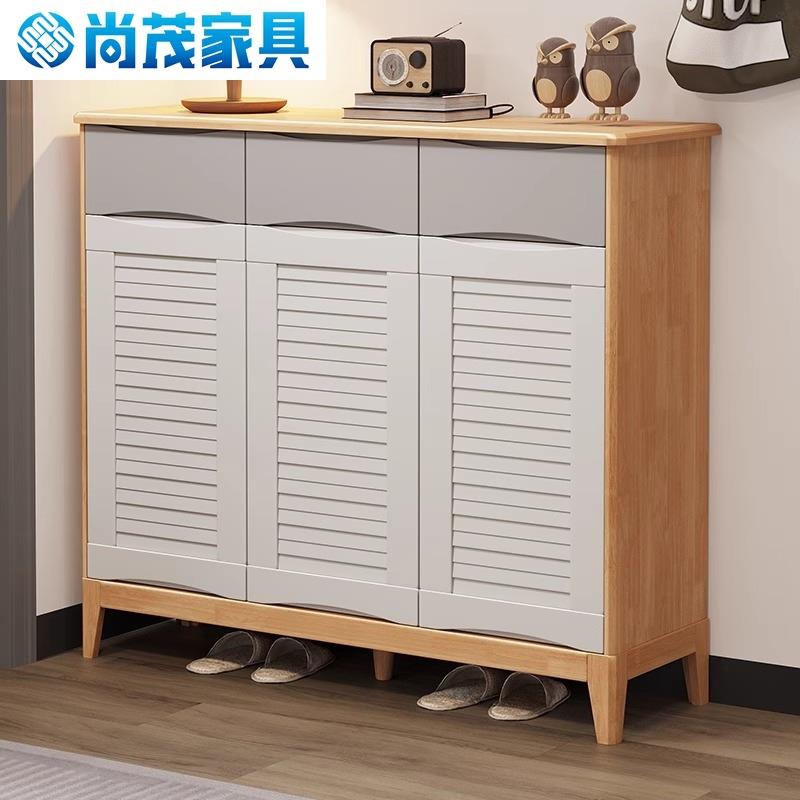 北欧实木三门鞋柜家用门口入户玄关柜现代简约客厅大容量储物柜子