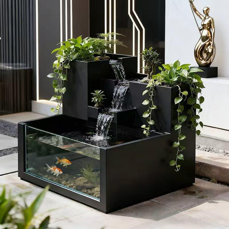 阳台创意流水鱼缸花箱组合落地钢化玻璃露台水循环鱼池不锈钢庭院