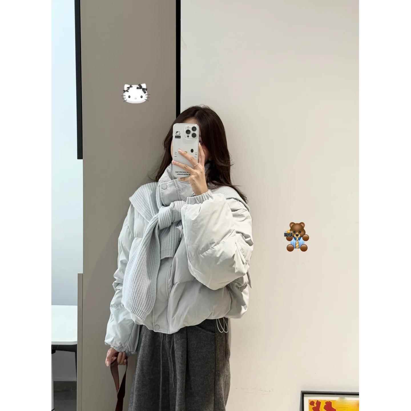 韩系气质围巾短款百搭羽绒棉服女秋冬立领加厚宽松小个子棉衣外套