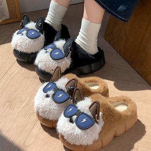 男 室内加绒保暖拖鞋 居家厚底防滑踩屎感爱眼睛小狗棉拖鞋 女冬季