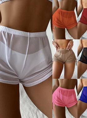 Four corner transparent mesh drawstring beach swimsuit