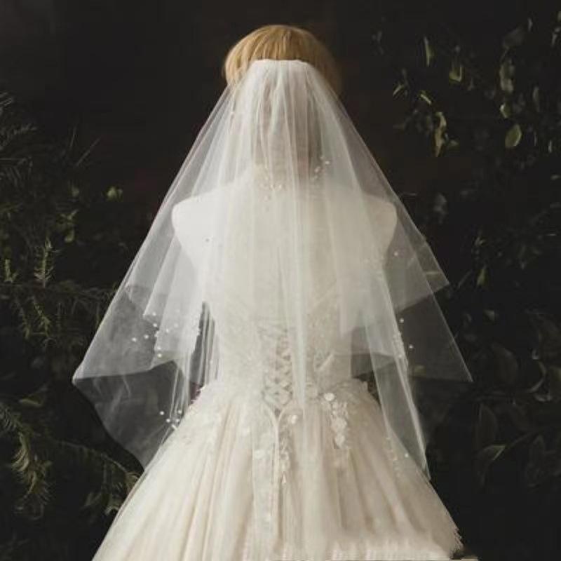 白色头纱新娘结婚主婚纱领证拍照道具造型蓬蓬松法式简单高级韩式