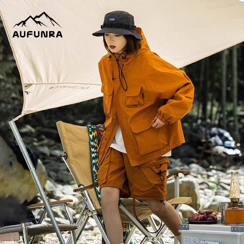 AUFUNRA户外男女夹克加绒冲锋衣山系多口袋情侣机能工装连帽外套