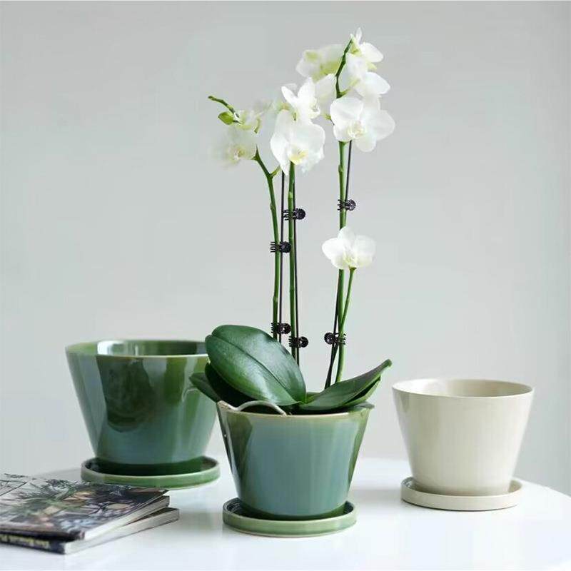 日式复古盆栽套盆轻奢釉面兰花蝴蝶兰专用绿色家用花盆陶瓷大号