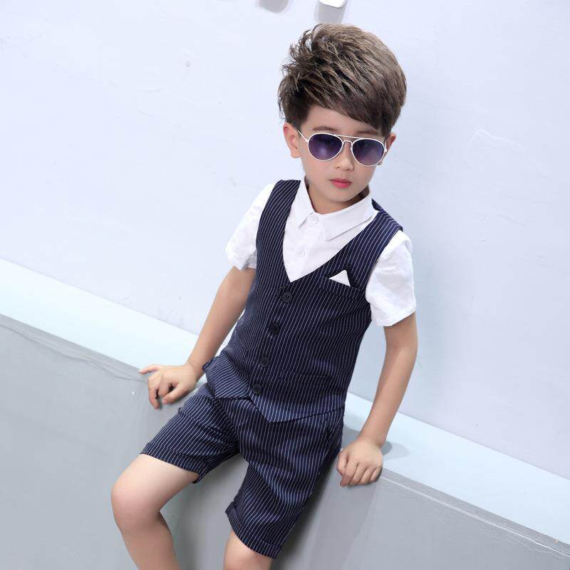 夏季童装男童马甲三件套 儿童西装短袖短裤服装套装一件