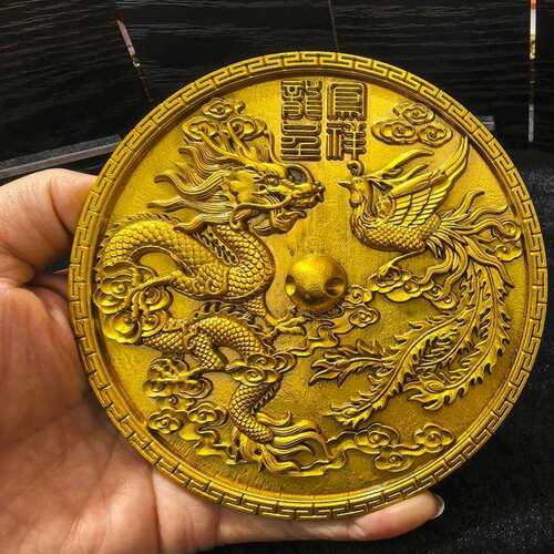 仿古龙凤铜镜圆盘带支架家居客厅装饰工艺品摆件