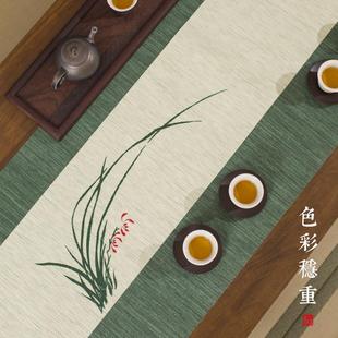 禅意桌旗垫子轻奢干泡兰荷花茶桌布草编小 茶布手绘防水茶席新中式