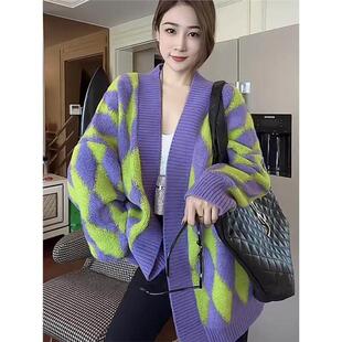 欧洲站高级感加厚菱形格毛衣外套女2025年秋冬宽松中长款针织开衫