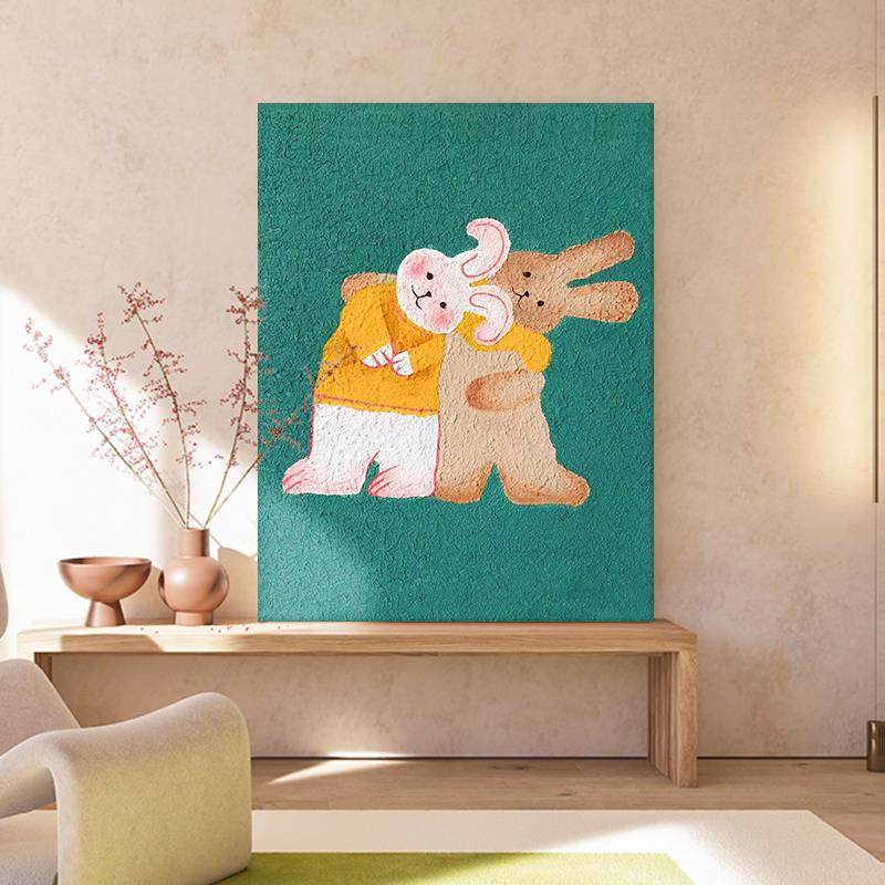 定做画网红可爱歪脖子客厅玄装子饰画英石砂肌理手兔关绘油儿童房