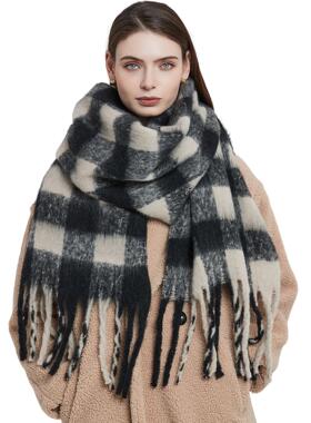 Home Black Rice Grid Coarse tassel Scarf Women's Thick