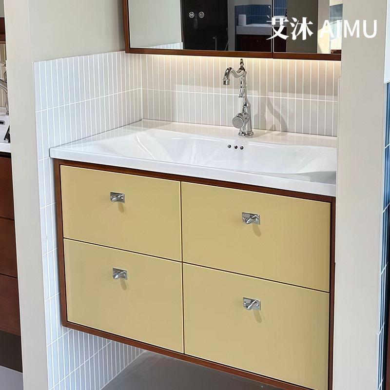 中古风复古浴室柜组合橡胶木烤漆洗漱台可定制陶瓷一体盆小满卫浴