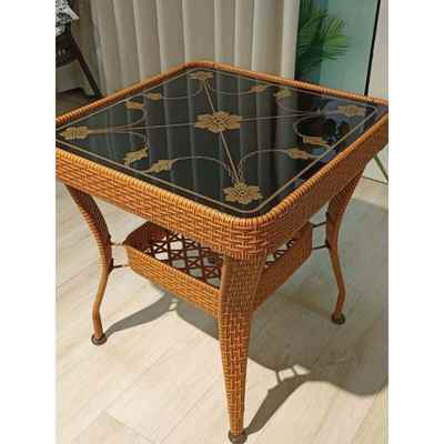 藤制小方桌阳台小咖啡桌迷你茶几卧室边桌储物小桌钢化玻璃茶几