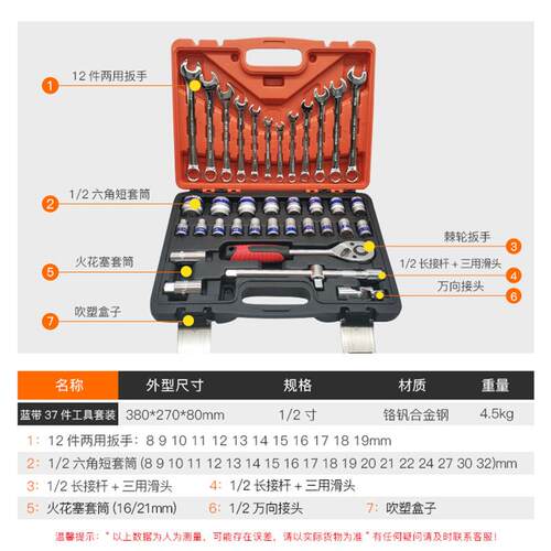 厂家供应专业修车工具套装公制组合工具铬钒钢蓝带37件套筒组套