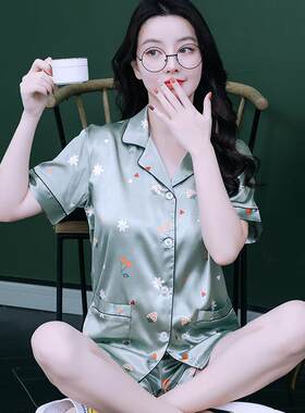 睡衣女夏季薄款冰丝睡衣套装可爱甜美学生清新丝绸短袖夏款家居服