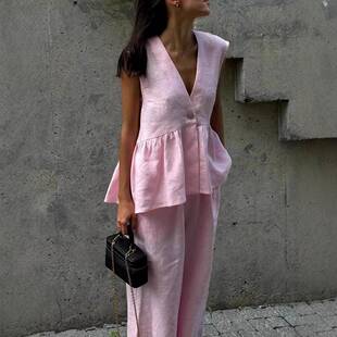 Two-Piece Set Women's Vneck Solid Color Button Front