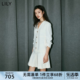 lily2024夏女装(夏女装)复古气质通勤款学院，风百褶九分袖西装式连衣裙