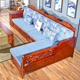 实木沙发水曲柳贵妃转角，原木现代中式组合客厅用家具冬夏两用