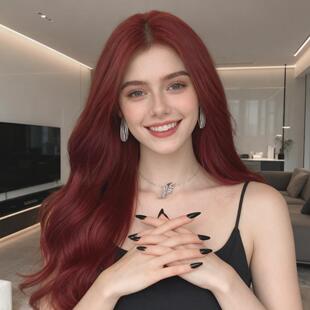 Wig, female, burgundy, medium split, long curly hair, big