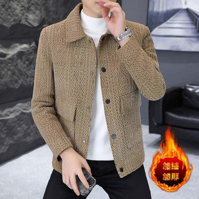加绒加厚夹克男士秋冬季新款高级感潮流修身翻领休闲短款呢子外套