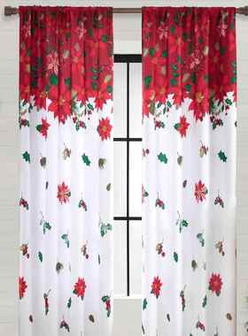 2PC圣诞节装饰品场景红色圣诞花印花窗帘客厅卧室