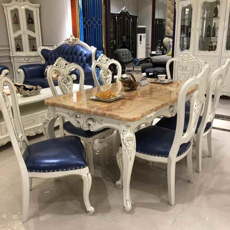 欧式实木餐桌大理石面长桌子1.6米吃饭桌一桌六椅组合厂家直销