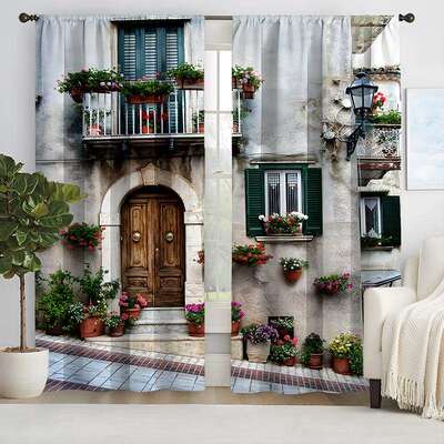 2pcs新款街景小门图案窗帘跨境厂家供货客厅卧室3D数码印花高精密