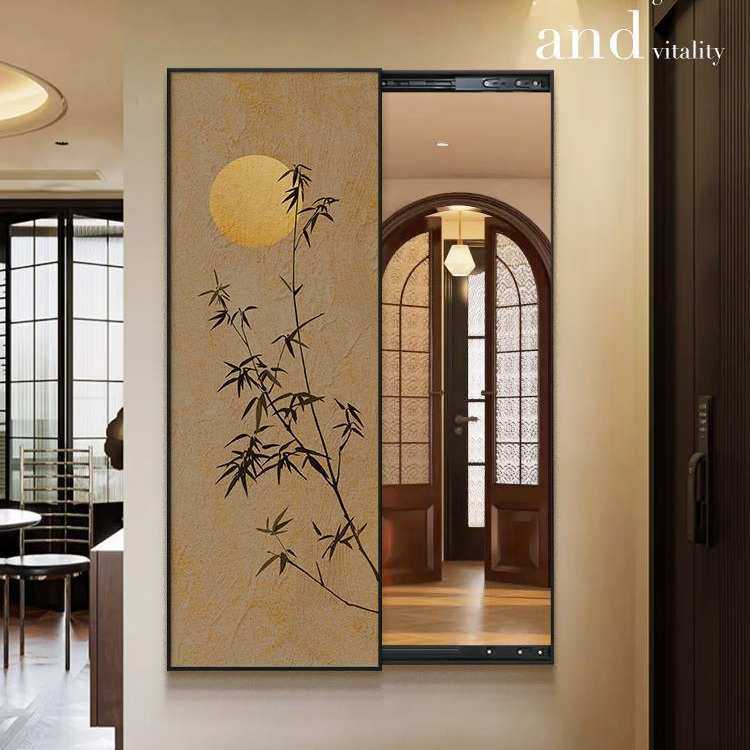 中古风镜面装饰画玄关可关闭全身镜贴墙推拉暗藏式穿衣镜复古壁画