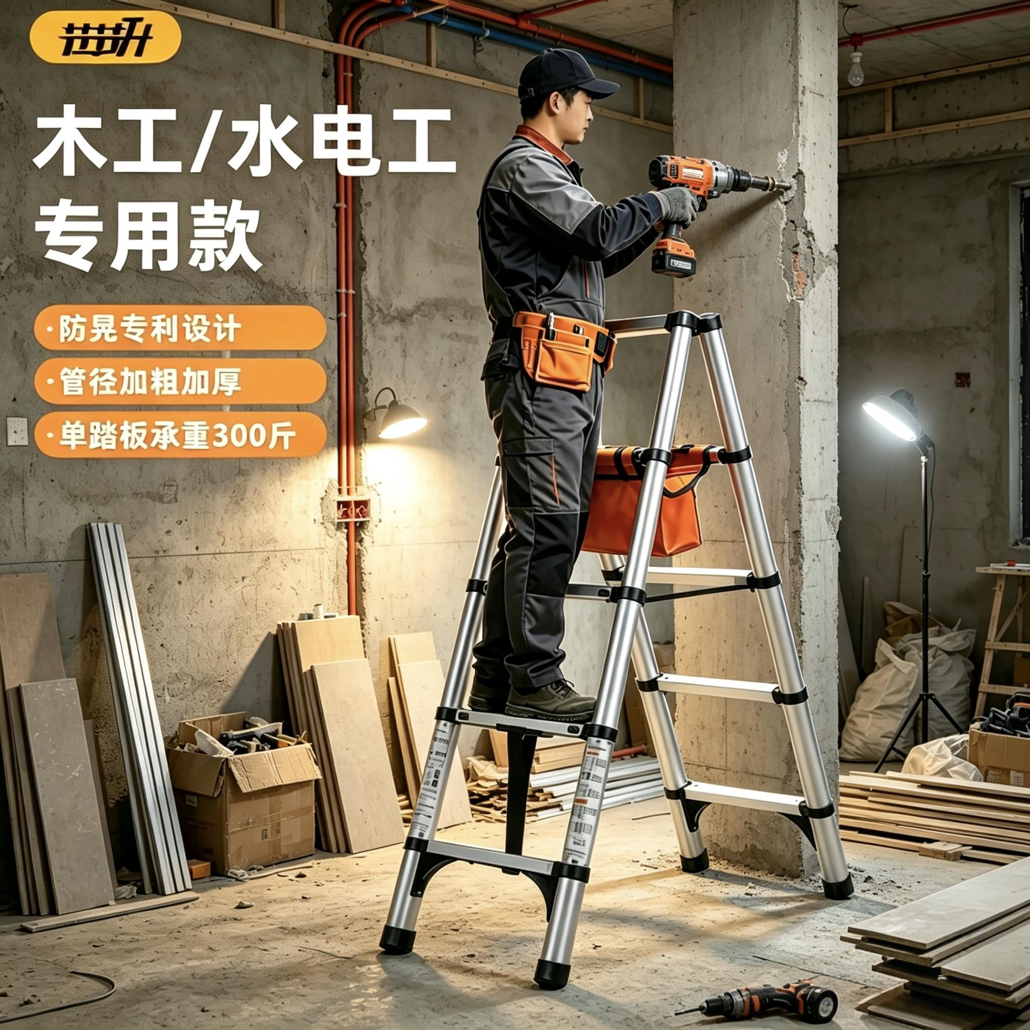 节节升铝合金伸缩人字梯家用折叠梯木工专用加厚登高梯行走梯