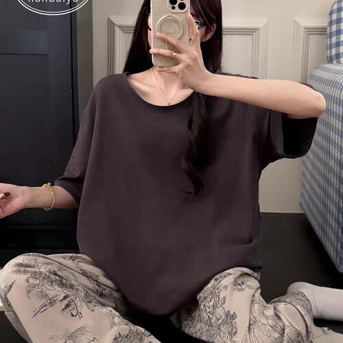 Ocnltiy轻奢睡衣夏季短袖长裤加肥加大码胖mm宽松全棉家居服套装